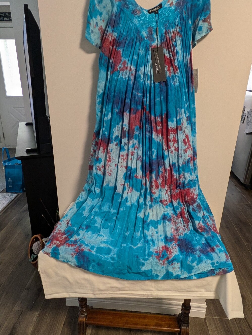 Papa Vancouver. Blue Tie-Dye Maxi Dress. Blues with Red Accents. Gauzy And Flowy